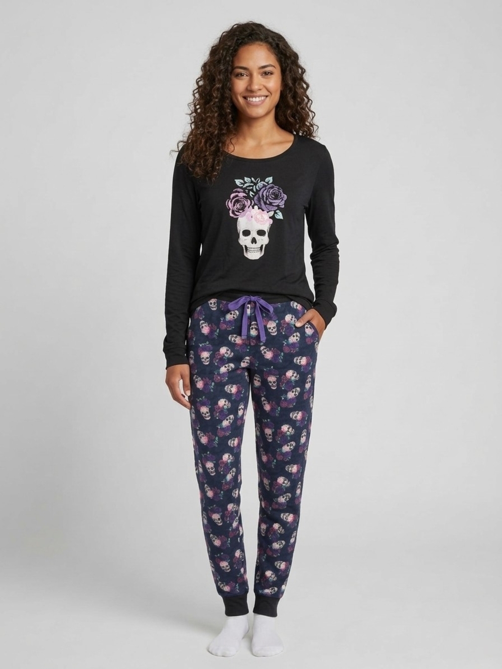 Women's Floral Skull Long-Sleeve Lounge Pajama Set Black & Purple Medium